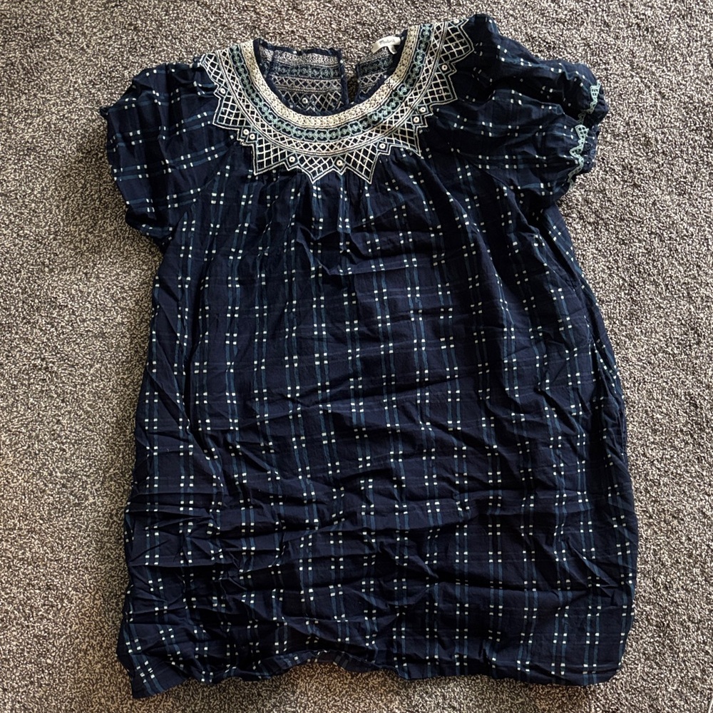 Madewell Navy and Cream Embroidered Plaid Yoke Dress